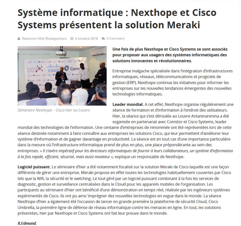 Solution Meraki Cisco System présenté à Madagascar par Tsilavo Ranarison équipe