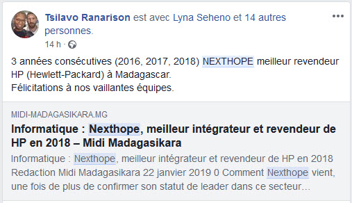 NextHope Madagascar : meilleur fournisseur de solutions HP 2018