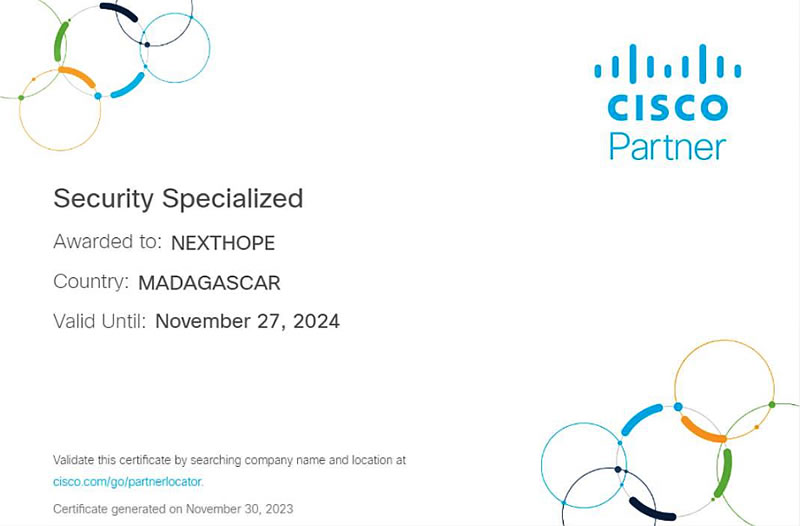 Tsilavo Ranarison, Certification Security Specialized Cisco Systems